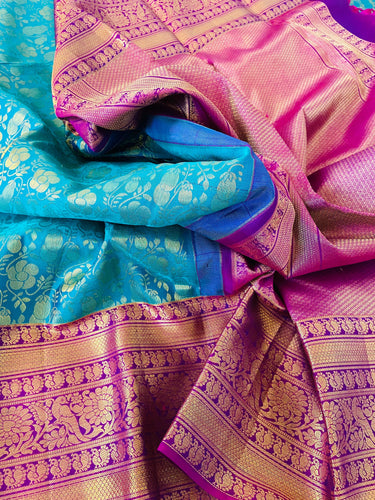 Kanchipuram/Kanchivaram handloom turquoise blue pure silk saree | Silk Mark | Ships from California